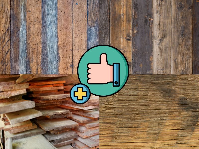 A collage of 4 photographs set out in each quadrant of the image, each shows adifferent type of reclaimed wood, ranging from wooden floors to stacks of reclaimed wood planks. In the center of the image is a "thumbs up" icon with a plus symbol alongside.