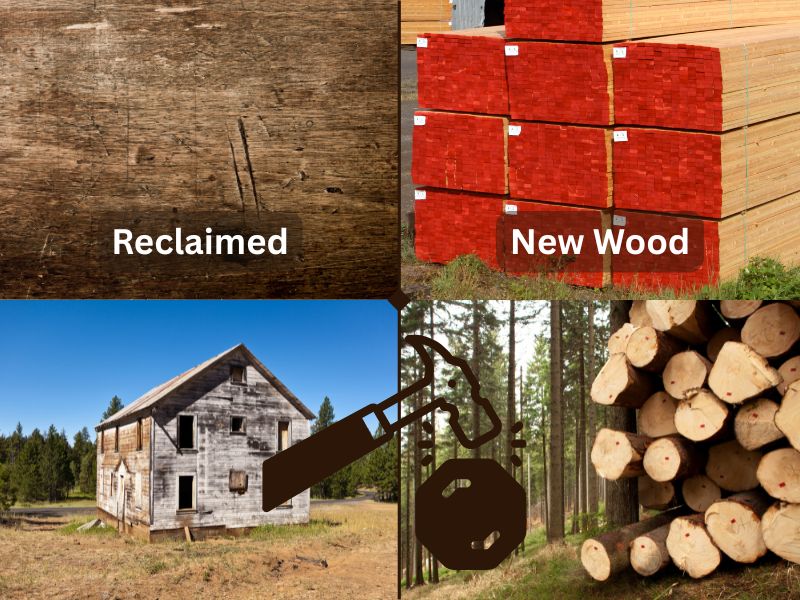 A collage of four photographs shows reclaimed wood and new wood in the top left and top right respectively, with labels marking them as reclaimed or new wood. Below each of those photos is a further photo of the source of each type of wood. An old barn is shown on the left, below the reclaimed wood example, and on the bottom right is a stack of freshly-cut timber logs in a forest. In the lower center of the image is a hammer symbol hitting a wooden object.