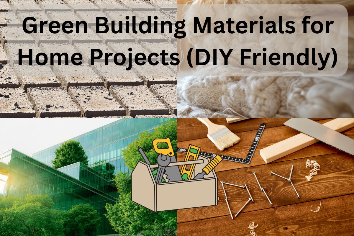 A featured image with the words, "Green Building Materials for Home Projects (DIY Friendly)" written across the top. The background is a collage of four photographs showing different types of green building materials. There is a cartoon image of a toolbox in the lower center of the image, and adobe bricks drying in the sun and sustainable insulation batts in the top right.